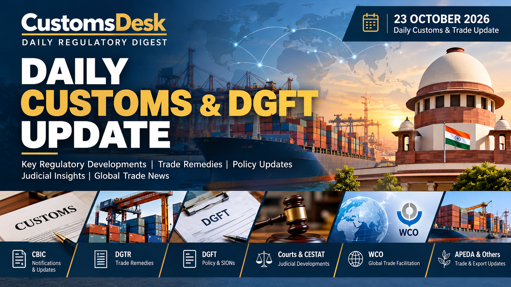 CustomsDesk Daily Customs and DGFT Update for 23 October 2026 covering CBIC notifications, DGTR trade remedies, DGFT policy updates, judicial developments and WCO trade facilitation.