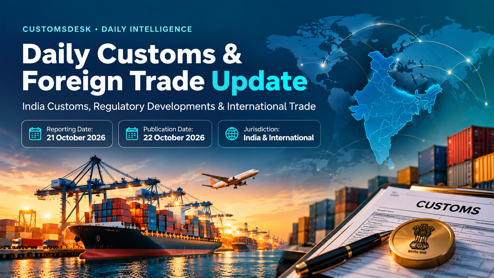 Daily Customs and Foreign Trade Update for 22 October 2026 featuring Indian customs, shipping containers, global trade routes and regulatory developments