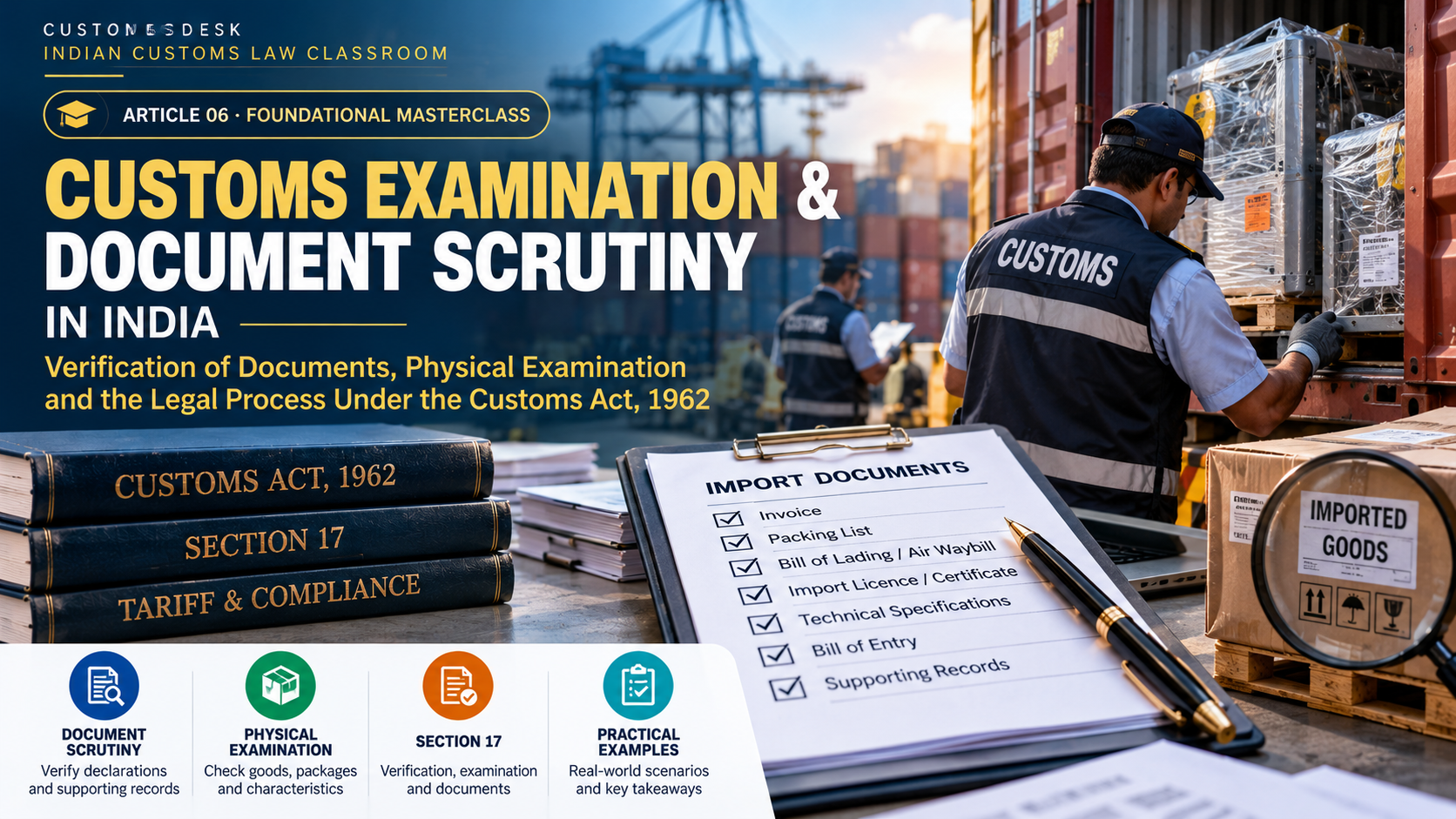 Customs examination and document scrutiny of imported goods under India's Customs Act, 1962.